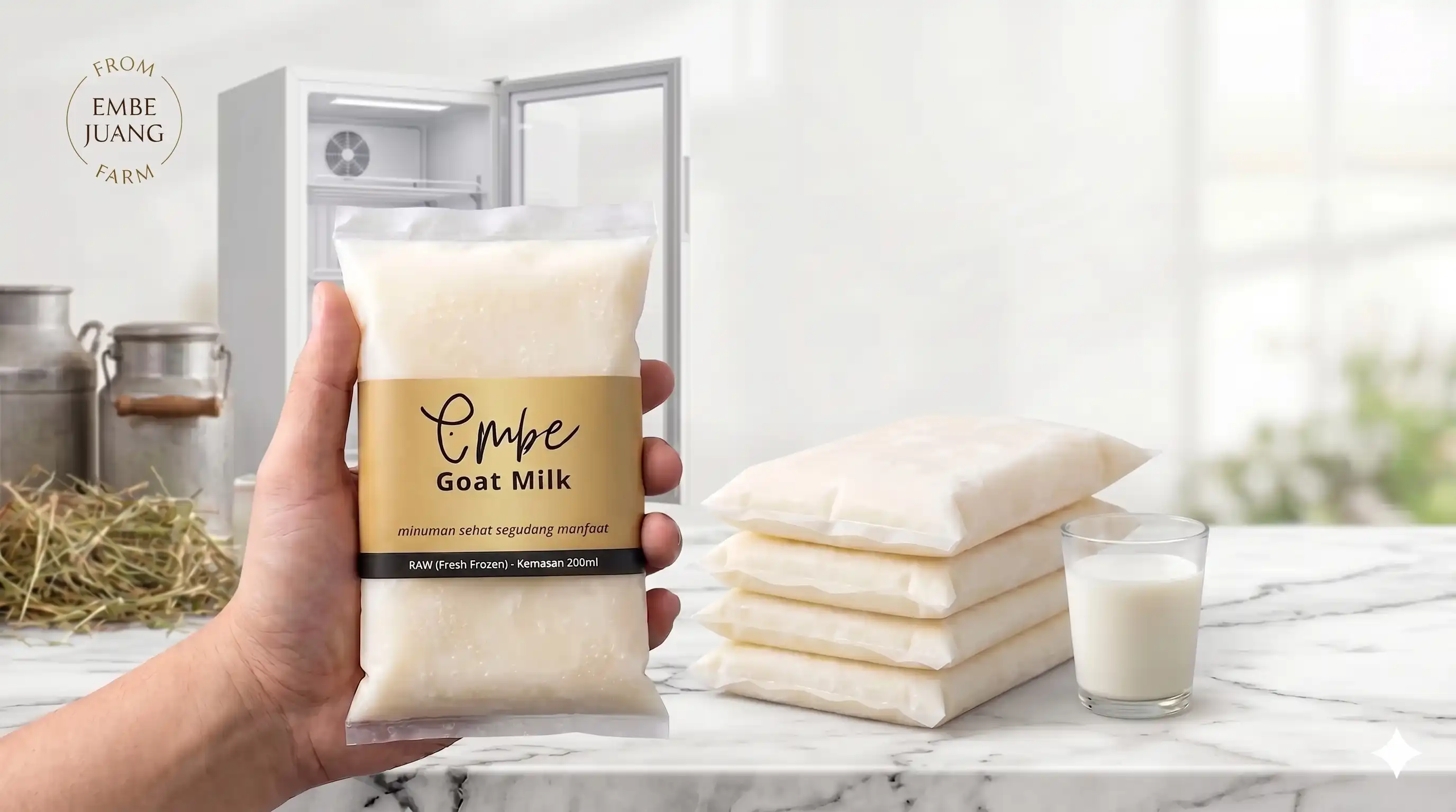 Hero elegan produk susu kambing raw 200 ml kemasan plastik Embe
